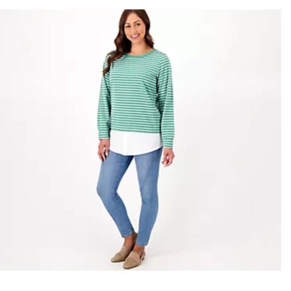 Isaac Mizrahi Live! Textured Ottoman Stripe Layered Pullover Shirt Green XL - Picture 1 of 9